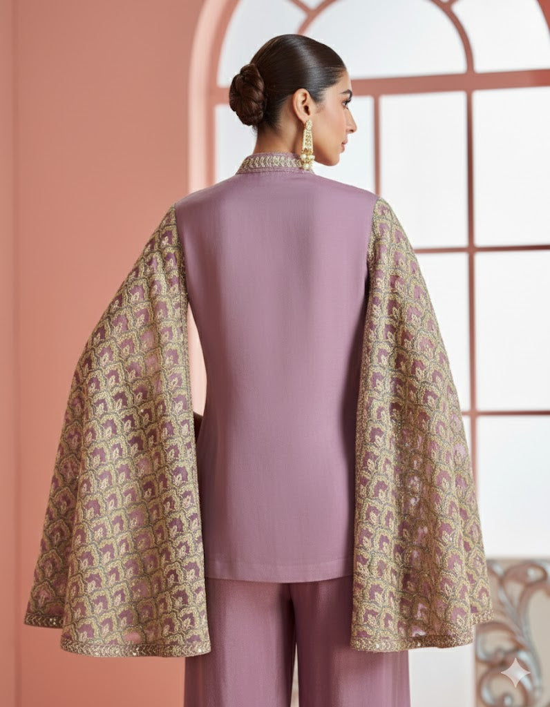 Evanik Women Mauve & Gold Printed Cape Style Kurta With Flared Palazzo Pants - Distacart