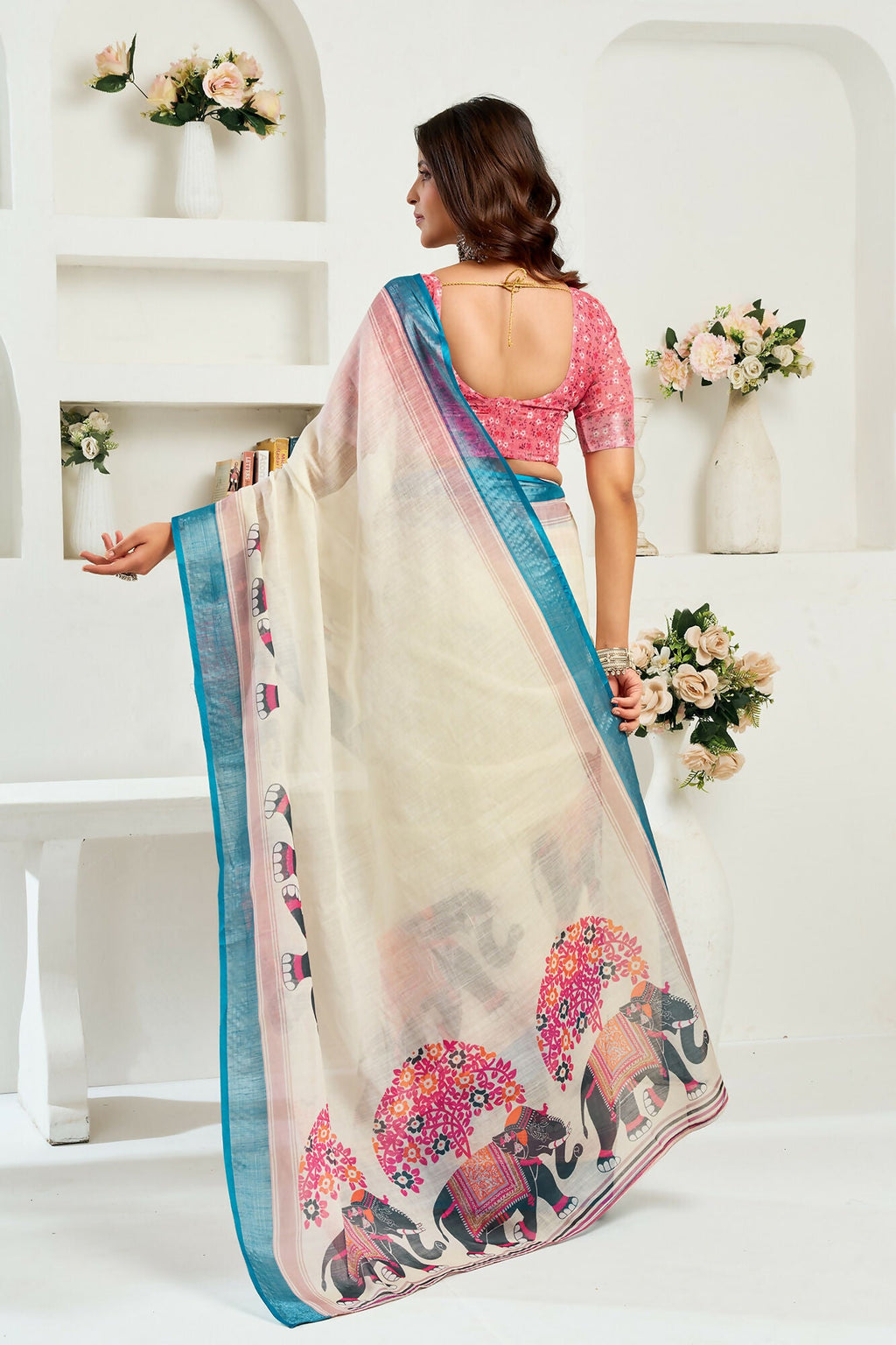 Vastranavya Cream Digital Printed Linen Ready To Wear Designer Saree with Unstitched Blouse - Distacart