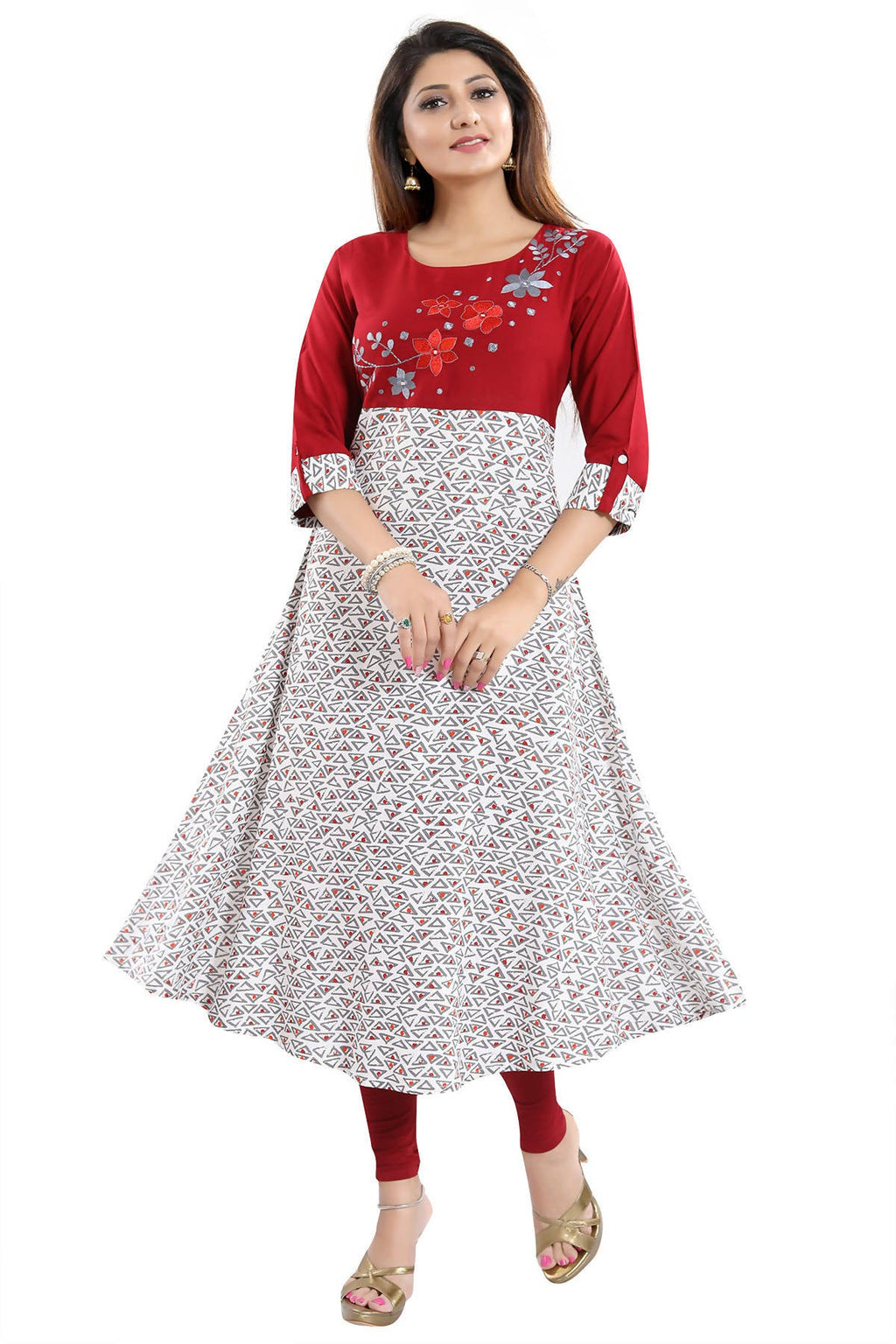 Snehal Creations Magnificent Maroon Rayon Printed Flared Long Tunic - Distacart