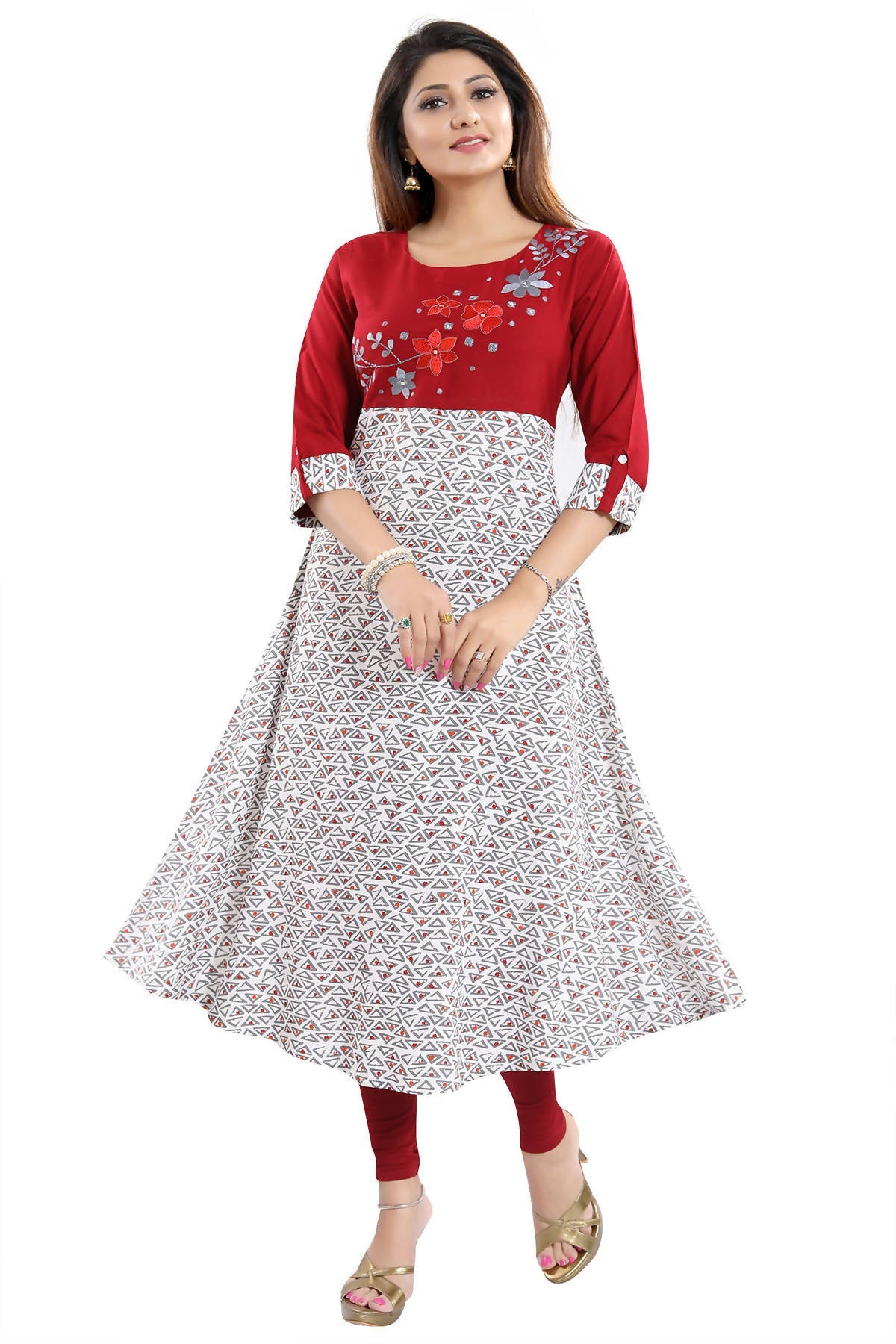 Snehal Creations Magnificent Maroon Rayon Printed Flared Long Tunic - Distacart