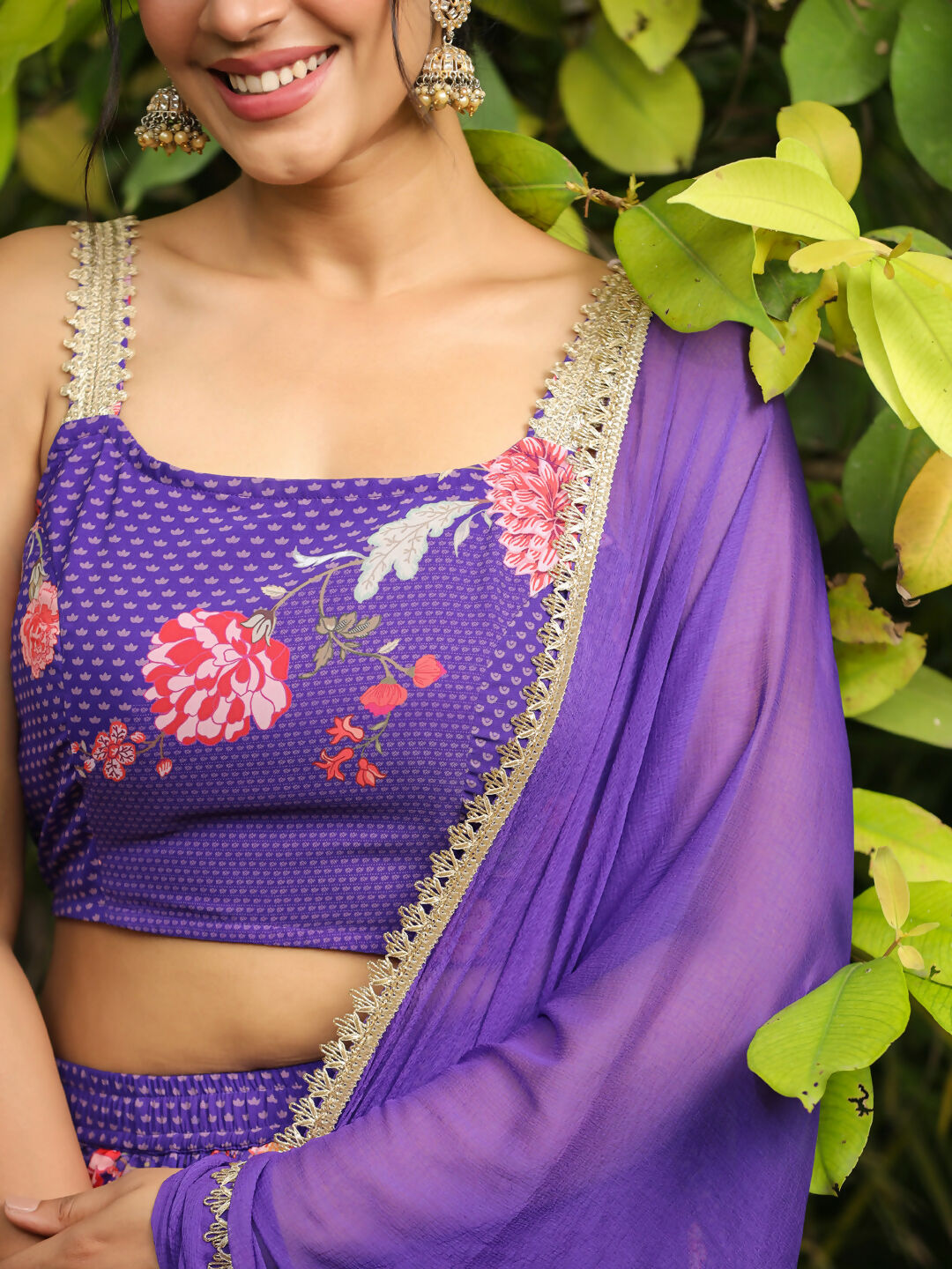 Janasya Purple Georgette Floral Lehenga Choli Dupatta