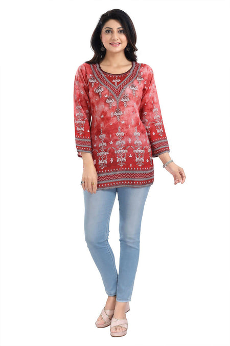 Snehal Creations Rustic Rust Faux Crepe Printed Short Kurti Tunic Top