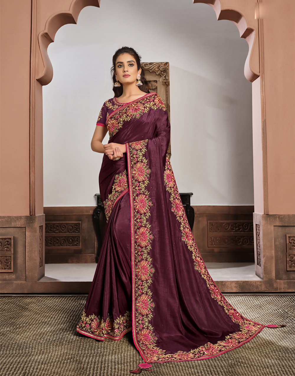 Purple Silk Georgettesilk Thread And Cord Embroidery. Tassels Saree - Norita Hit