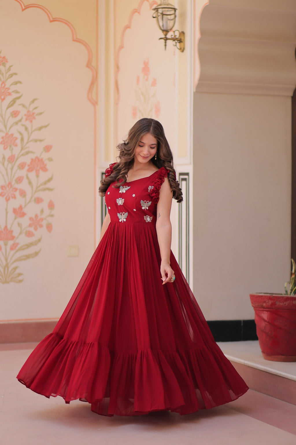 Joban Fashion Maroon Georgette Sequence Embroidery Work Gown - Distacart