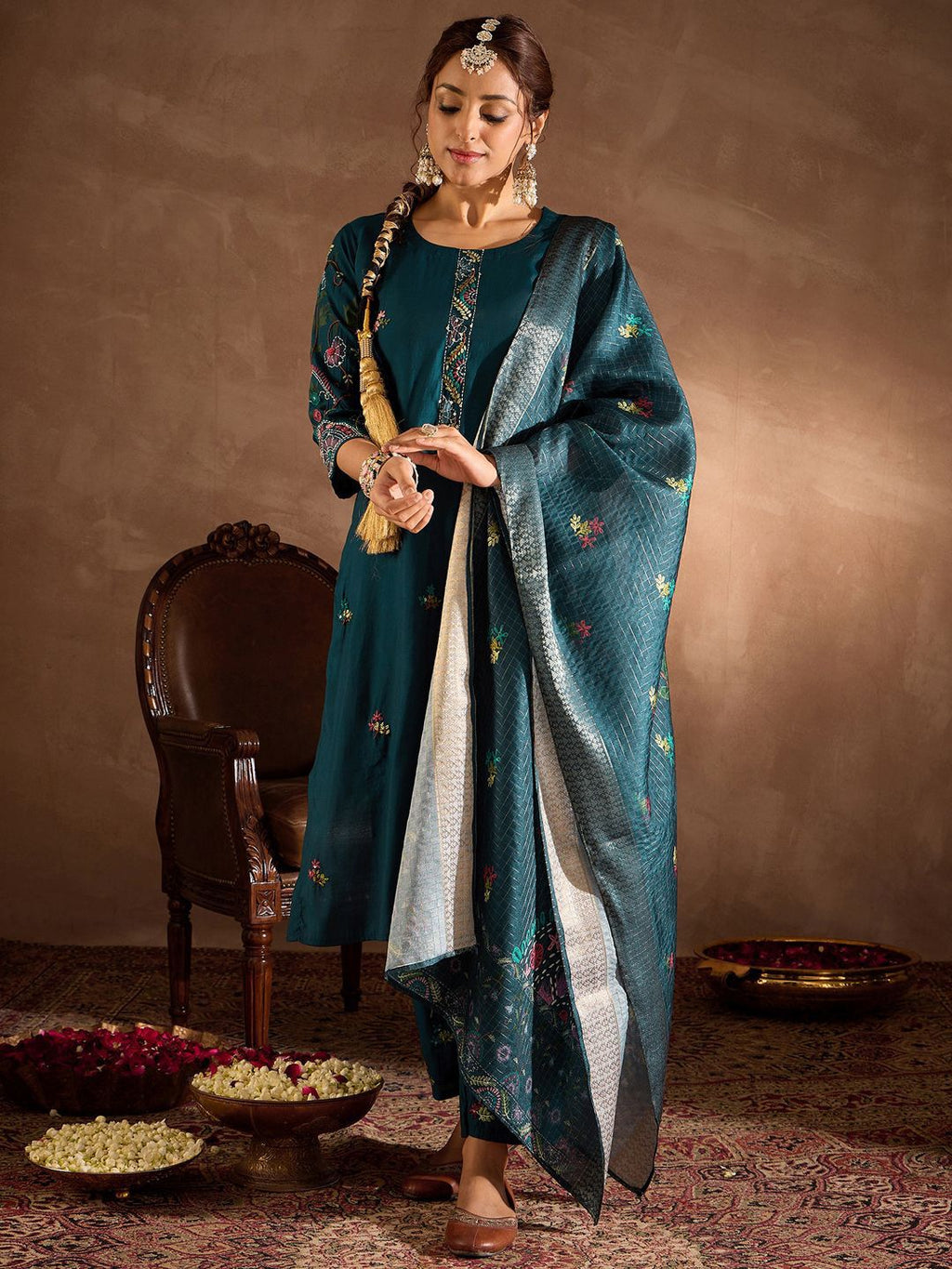 Indo Era Floral Embroidered Thread Work Straight Kurta With Trousers & Dupatta - Distacart