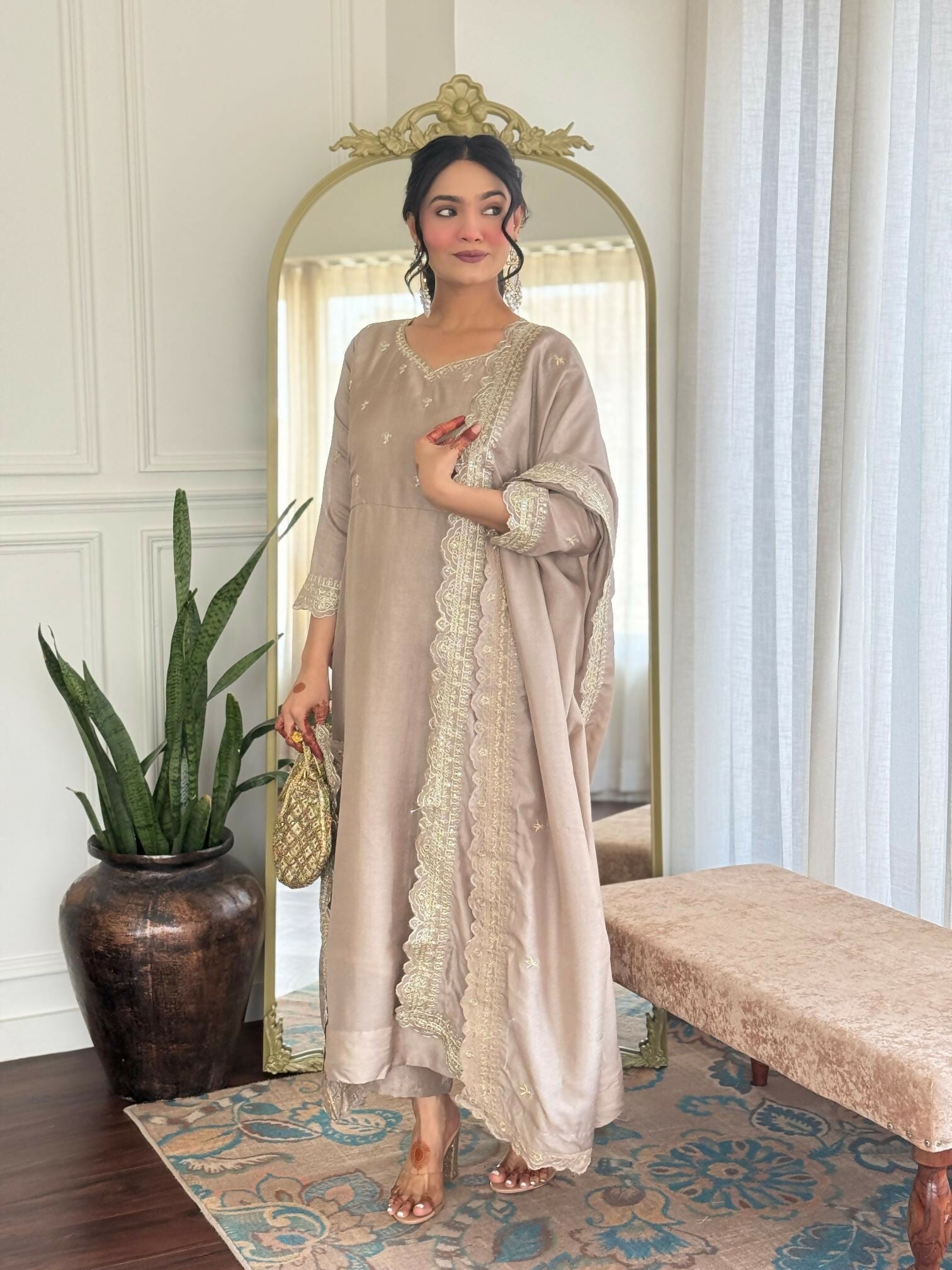 The52 CreamWomen's Gorgeous Vichitra Silk Fabric Embroidered Work Flared Anarkali Pant and Dupatta Set - Distacart