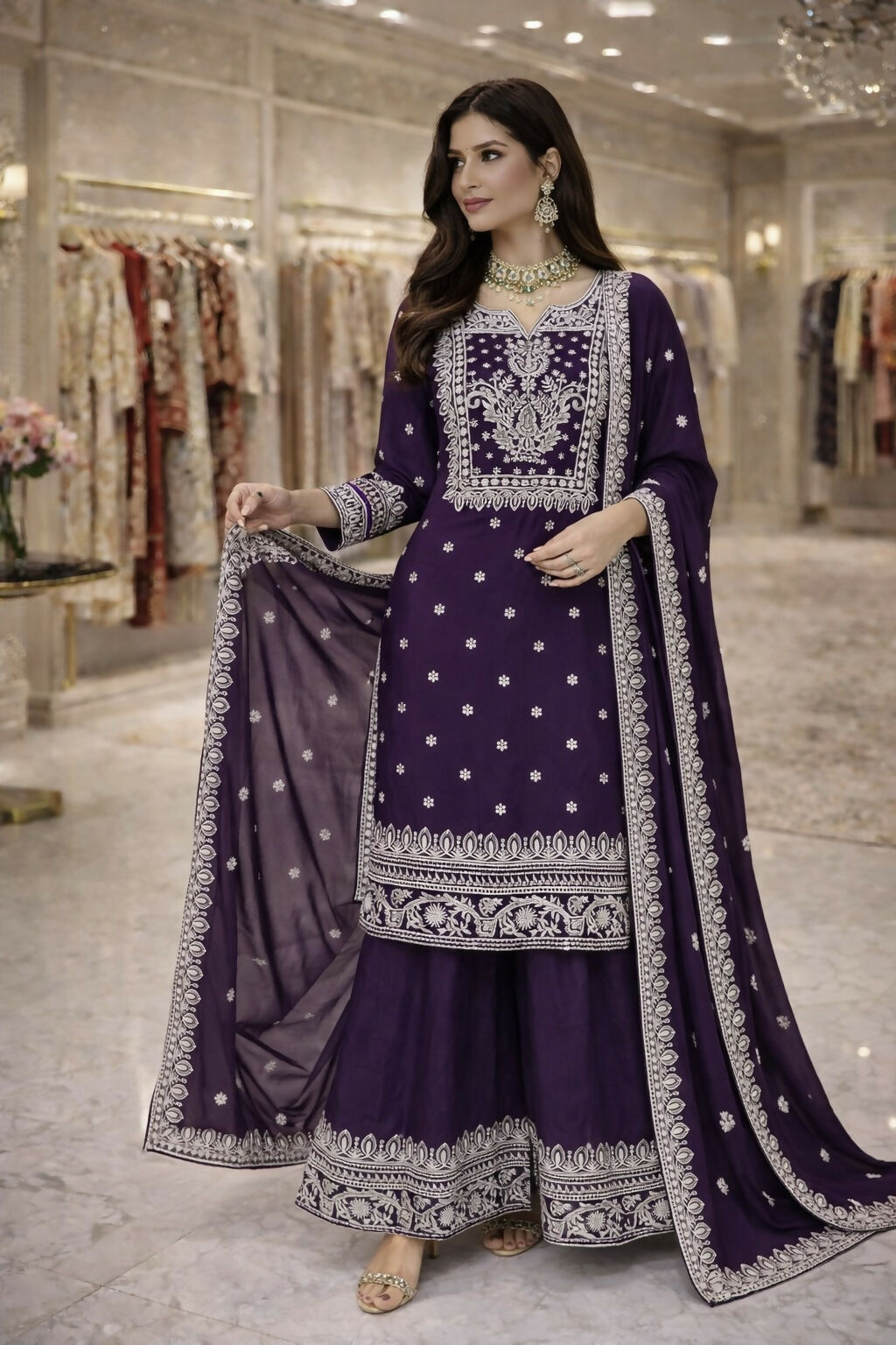 Teeya Creation Purple Fendi Silk Designer Heavy Work Wedding Wear Palazzo