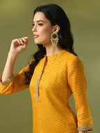 Myshka Women's Yellow Printed Cotton Blend Straight Party Kurta Set