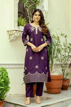 The52 Wine Women's Beautiful Viscose Chanderi Fabric Thread Work Straight Kurta Pant and Dupatta Set - Distacart