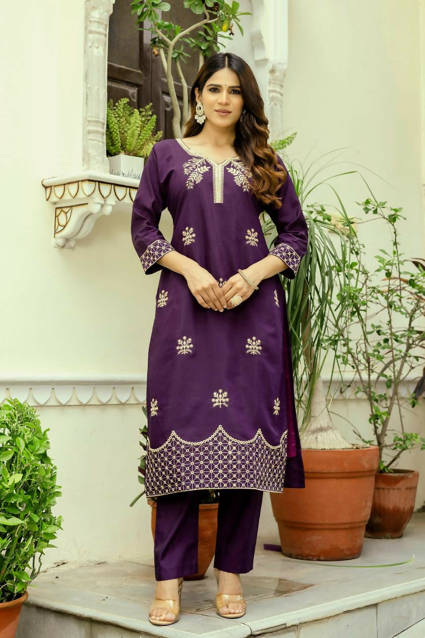The52 Wine Women's Beautiful Viscose Chanderi Fabric Thread Work Straight Kurta Pant and Dupatta Set - Distacart
