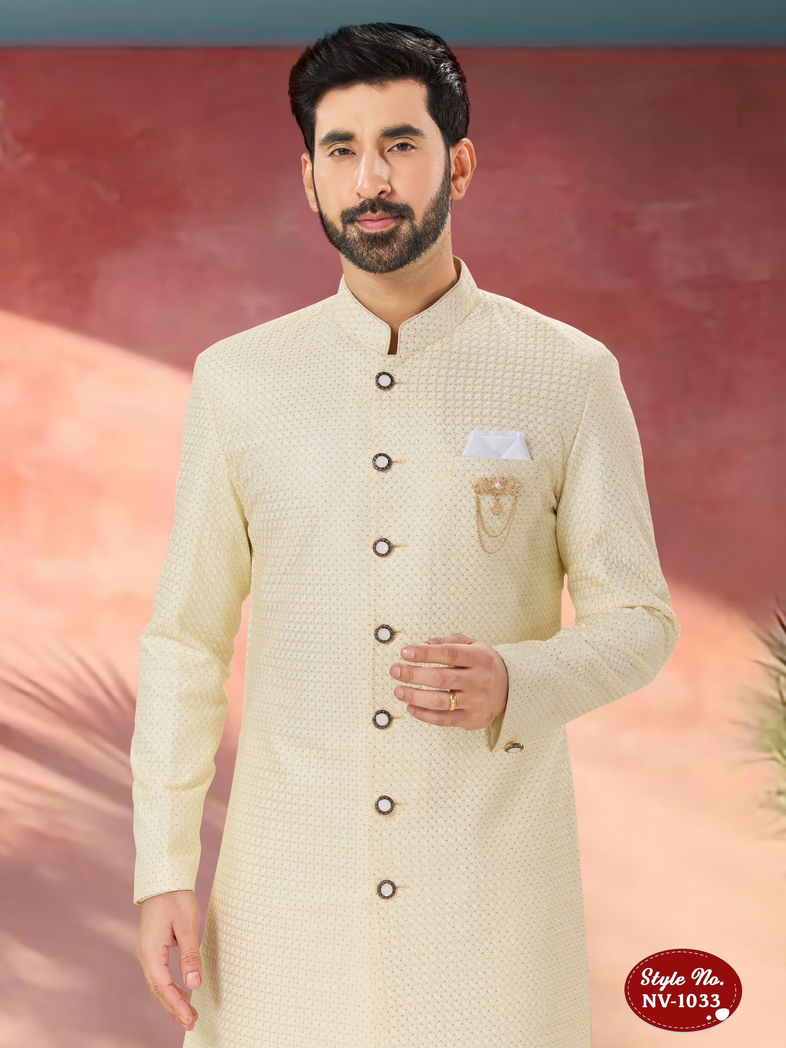 Joban Fashion Men's Cream Straight Silk Thread And Sequence Embroidary All Over Indo-Western Kurta Set