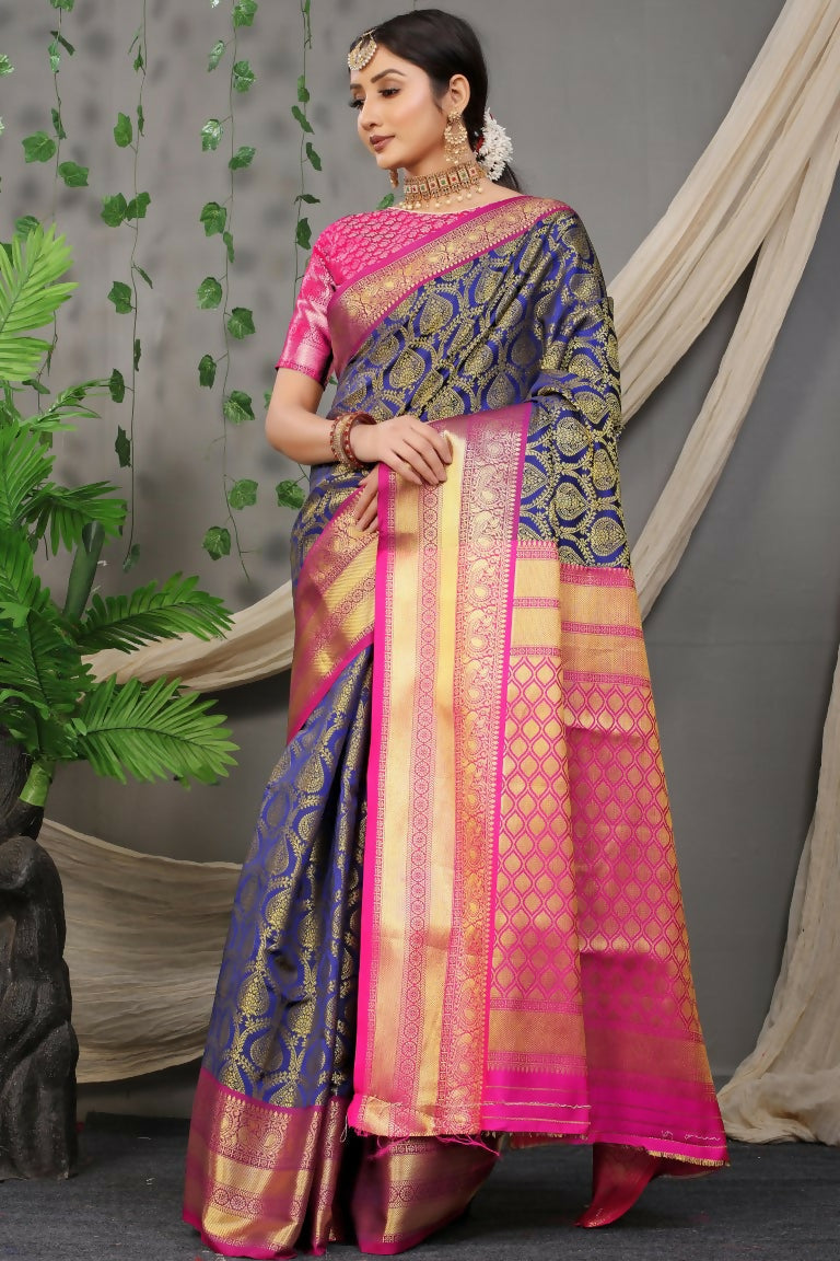 Jyoti Fashion Women's Navy Blue Kanjivaram Silk Zari Woven Saree with Blouse