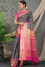 Jyoti Fashion Women's Navy Blue Kanjivaram Silk Zari Woven Saree with Blouse