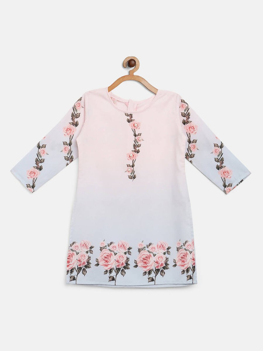 Ahalyaa Pink Crepe Floral Print Kids Kurta Sharara Set With Dupatta For Girls