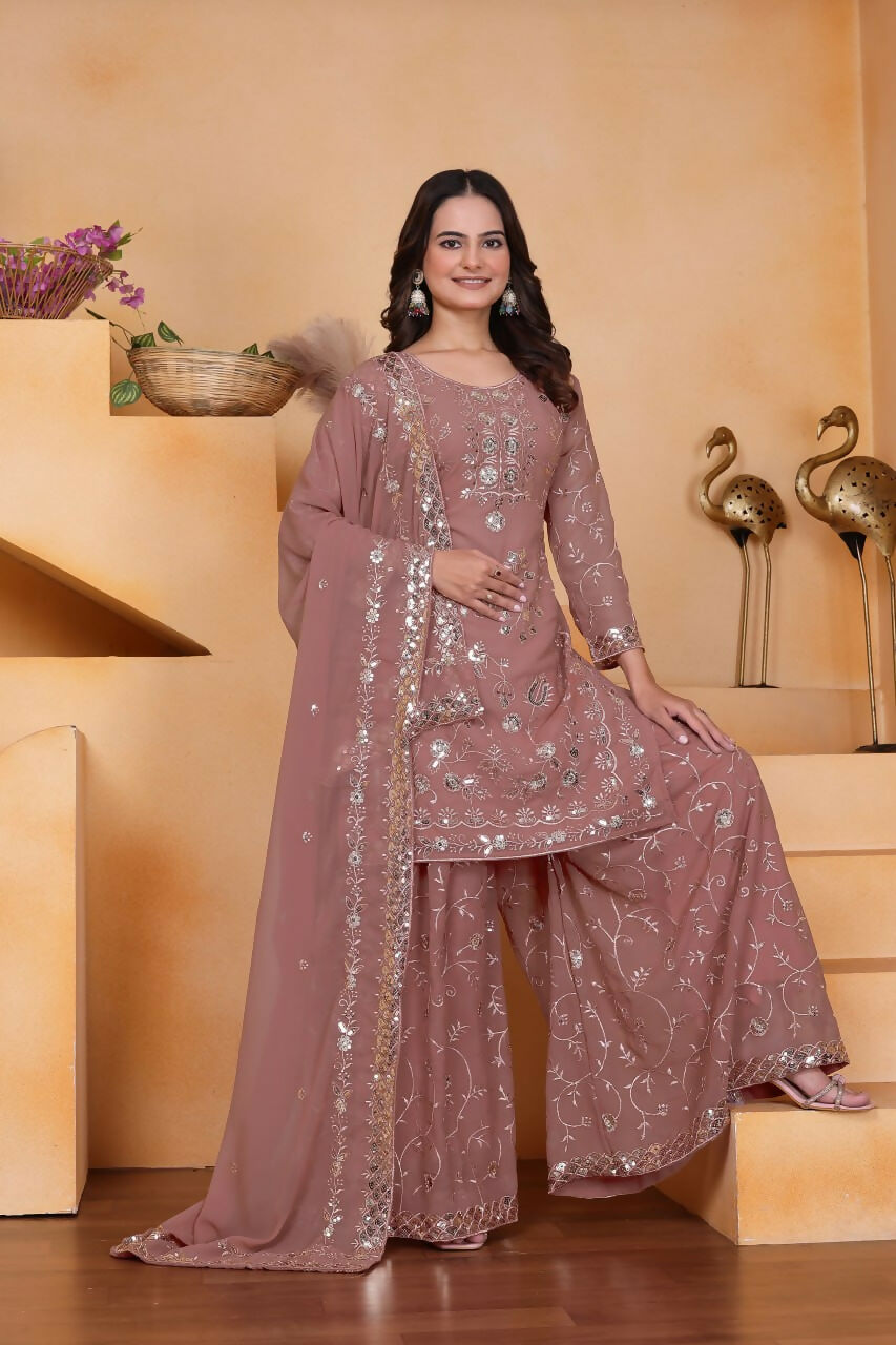 Teeya Creation Onion Color Faux Georgette Embroidery Work Wedding Wear Palazzo Set - Distacart