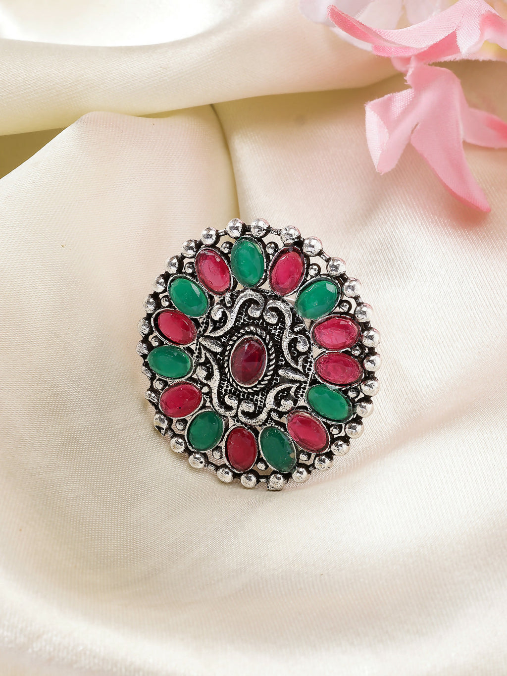 NVR Women's Multicolor Silver-Plated Circular Shape Adjustable Finger Ring
