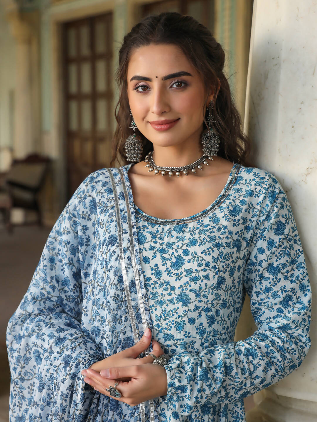 Juniper Women's Blue Cambric Floral Printed Circular Kurta Dupatta Sets - Distacart