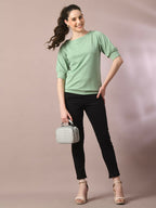 Myshka Women's Sea Green Solid Boat Neck Party Top