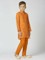 Joban Fashion Kids Island Full Sleeves Chanderi Kurta, Pyjama Set with Traditional Butta Work - Orange - Distacart