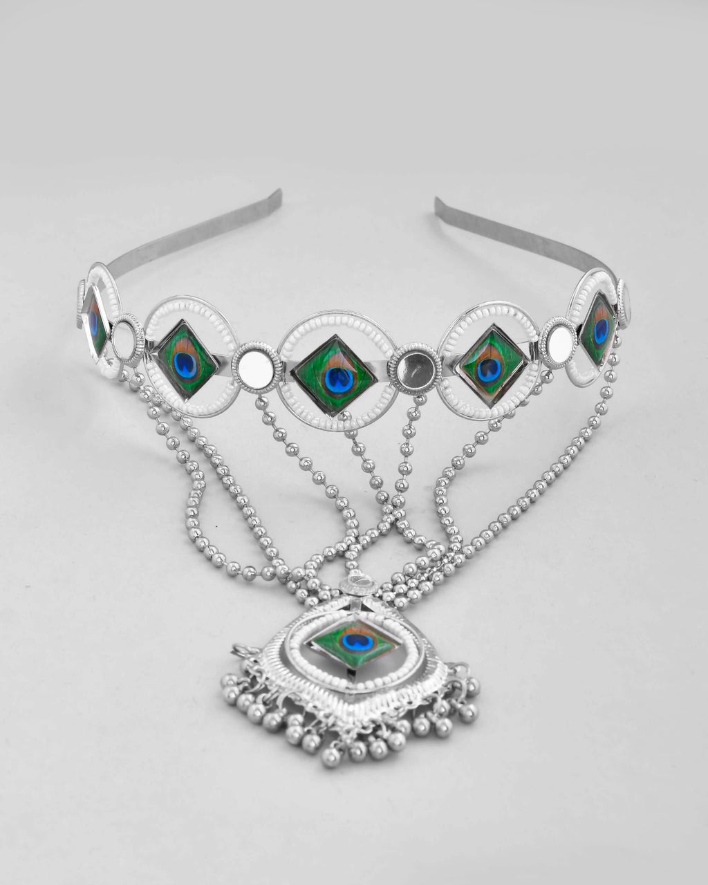 VOJ Silver Plated Peacock Printed Hairband With Mang Tikka