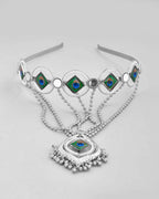 VOJ Silver Plated Peacock Printed Hairband With Mang Tikka