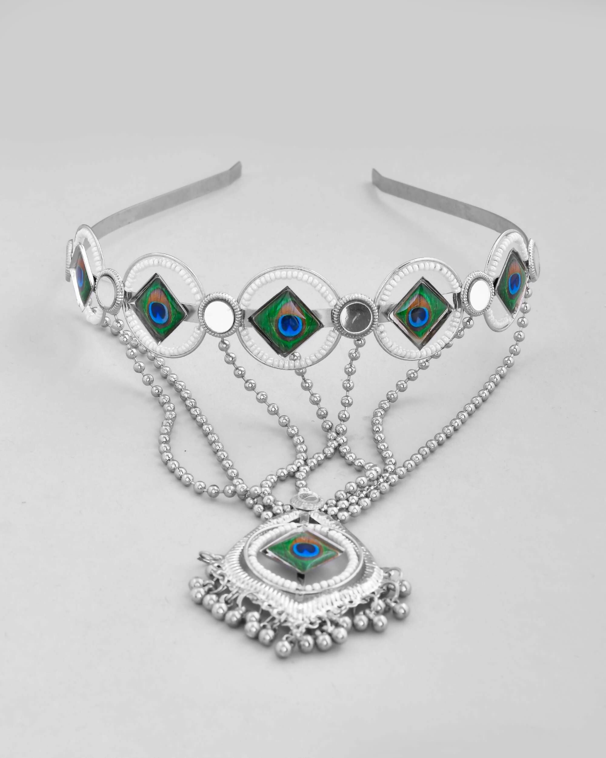 VOJ Silver Plated Peacock Printed Hairband With Mang Tikka