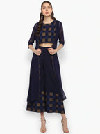 Janasya Navy Blue Printed Top with Palazzos - Distacart
