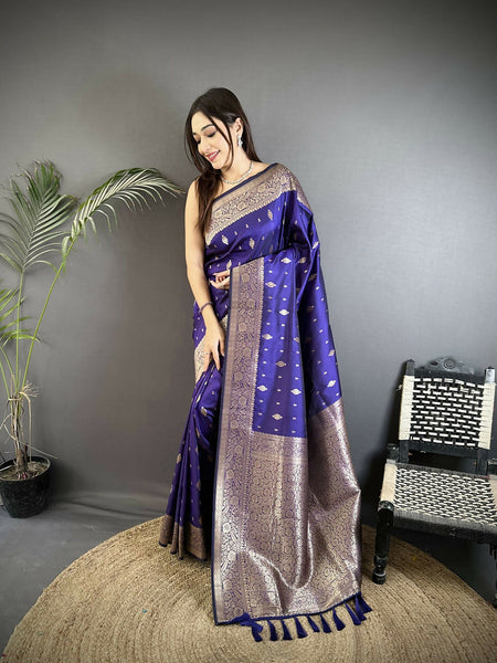 Joban Fashion Royal Blue Zari Weaving Motif Lichi Silk Banarasi Silk Saree