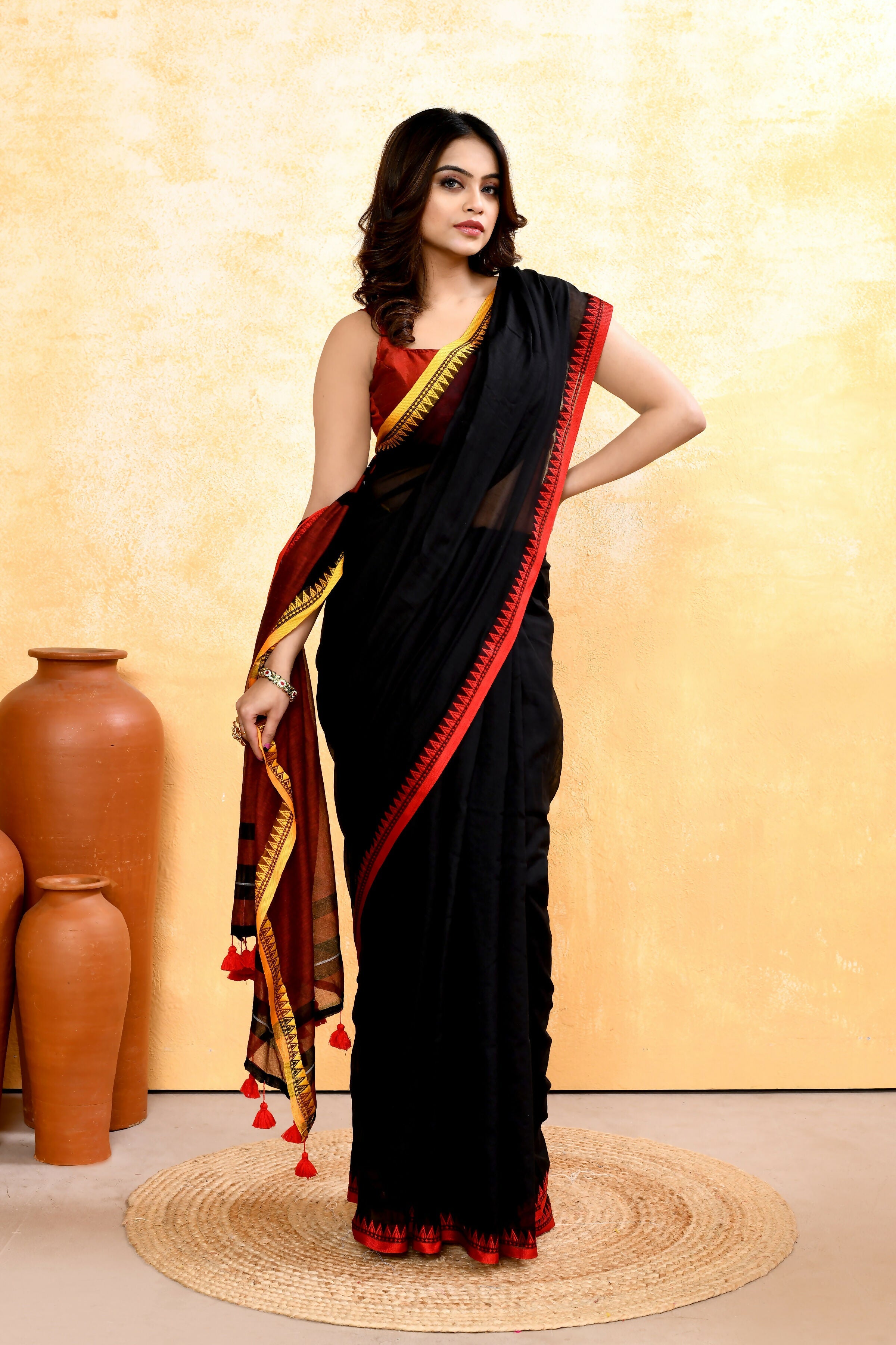 Piyari Fashion Women's Black Embellished Handloom Cotton Saree - Distacart