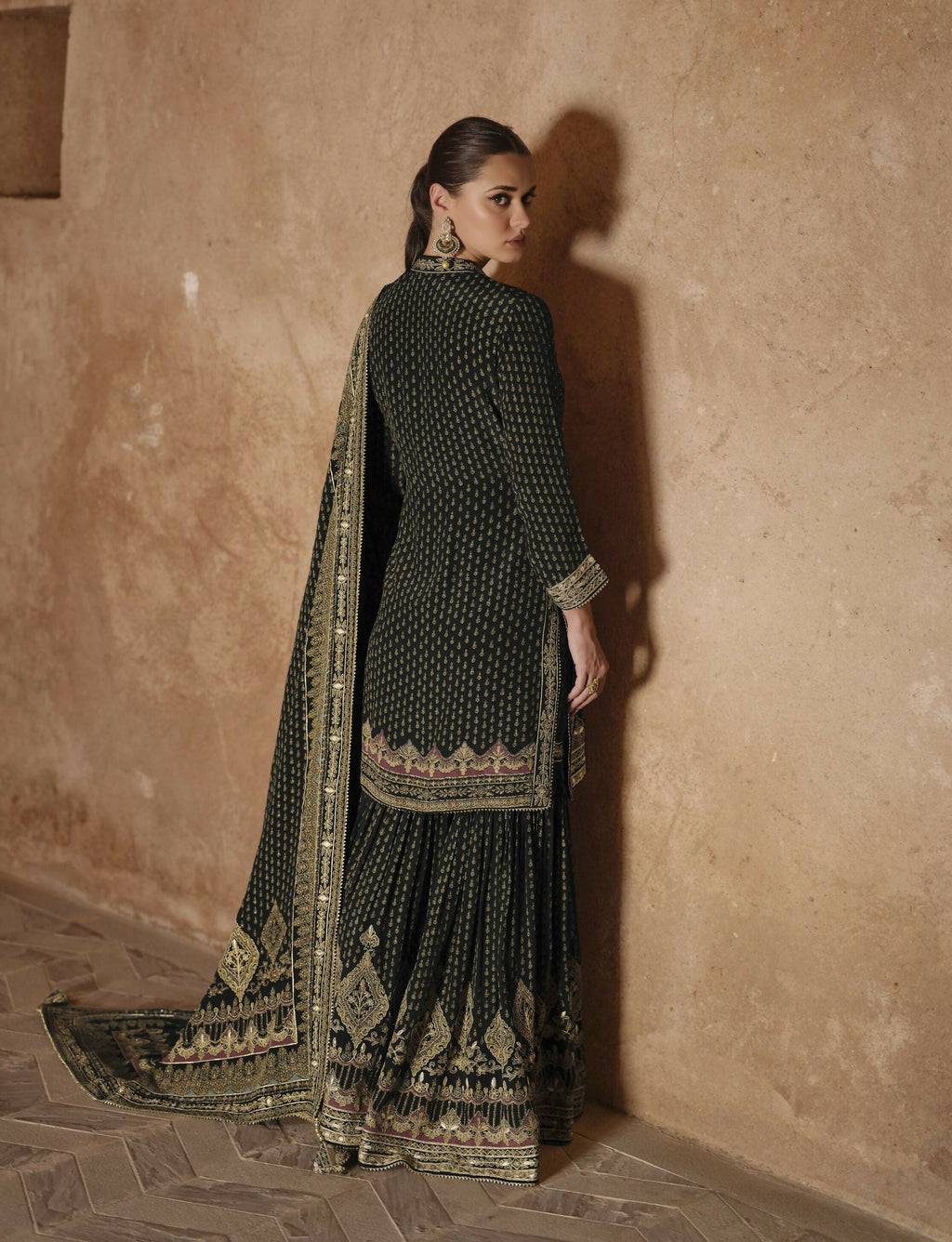 Anaita Black Silk Readymade Palazzo Suit with Swarovski Work - Distacart
