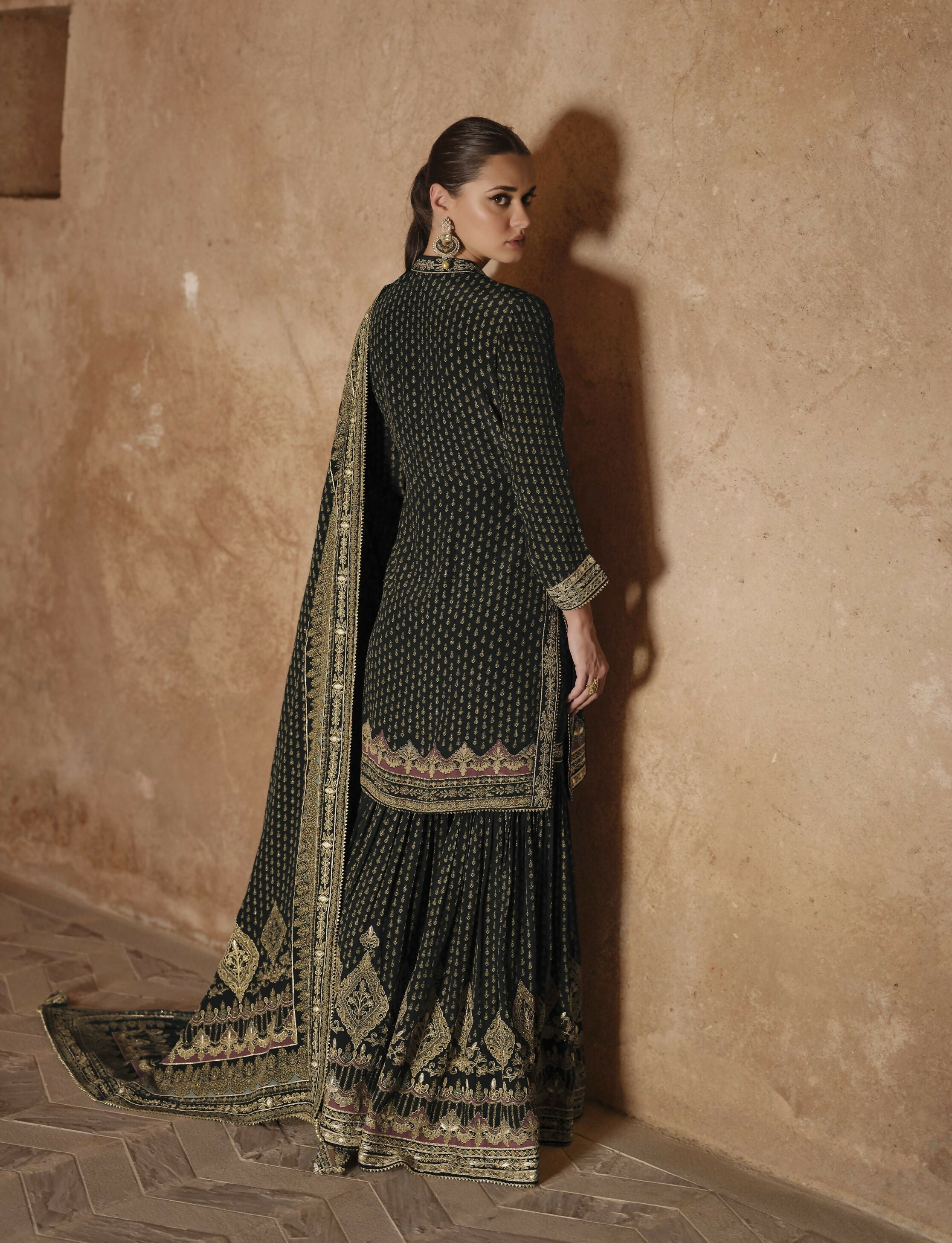 Anaita Black Silk Readymade Palazzo Suit with Swarovski Work - Distacart