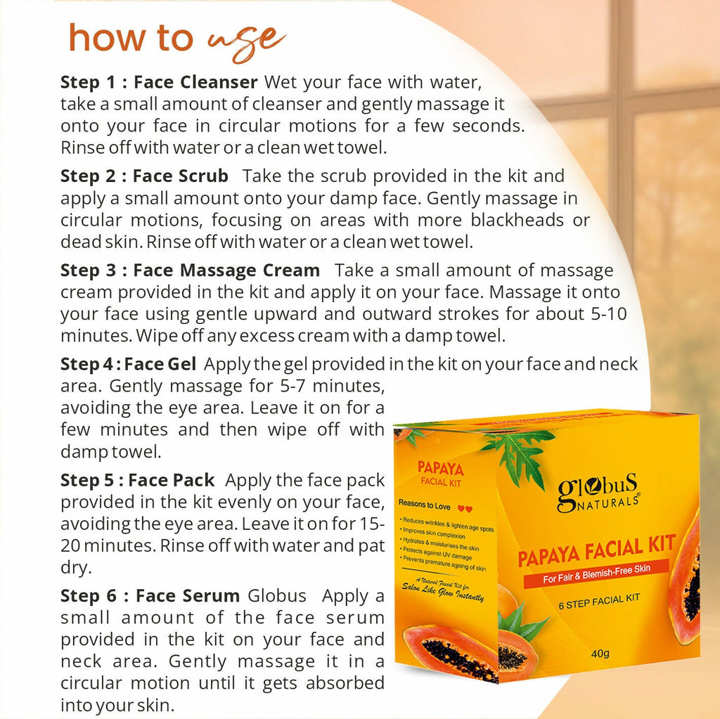 Globus Naturals Papaya Facial Kit For Blemish Free Skin & Anti-Pigmentation, 6 Steps - Distacart