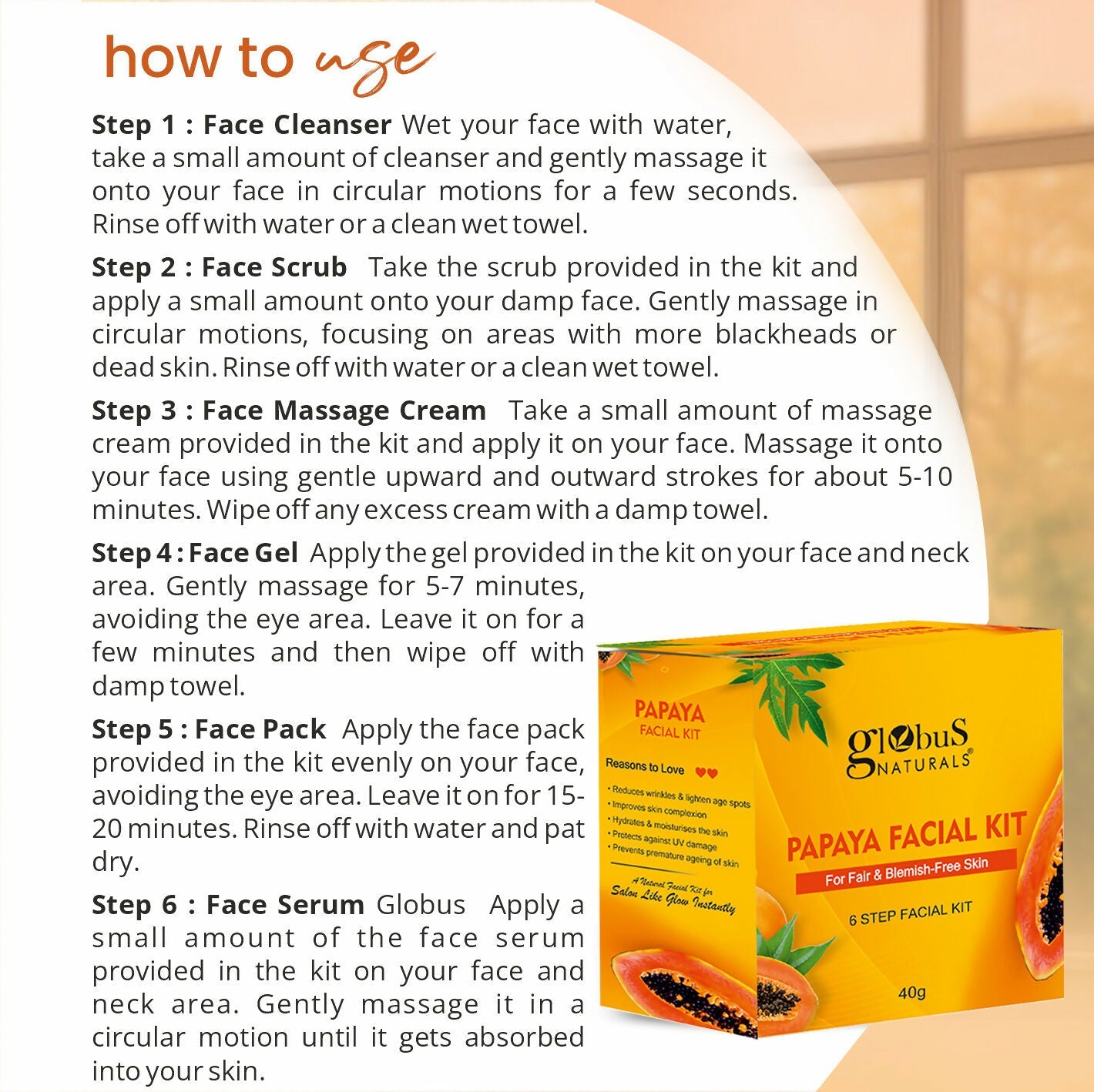 Globus Naturals Papaya Facial Kit For Blemish Free Skin & Anti-Pigmentation, 6 Steps - Distacart