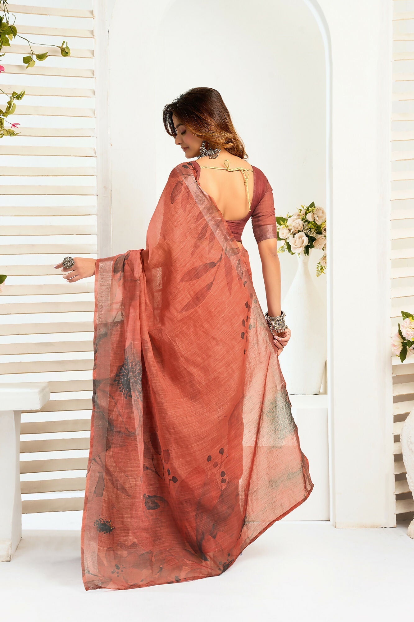 Vastranavya Brown Digital Printed Linen Ready To Wear Designer Saree with Unstitched Blouse - Distacart