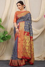 Jyoti Fashion Women's Grey Banarasi Silk Zari Woven Saree with Blouse