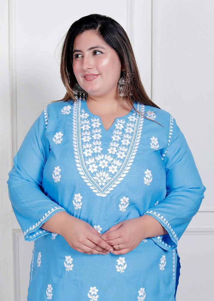 Miravan Womens Plus Size Blue Embroidered Kurta With Palazzo - Distacart