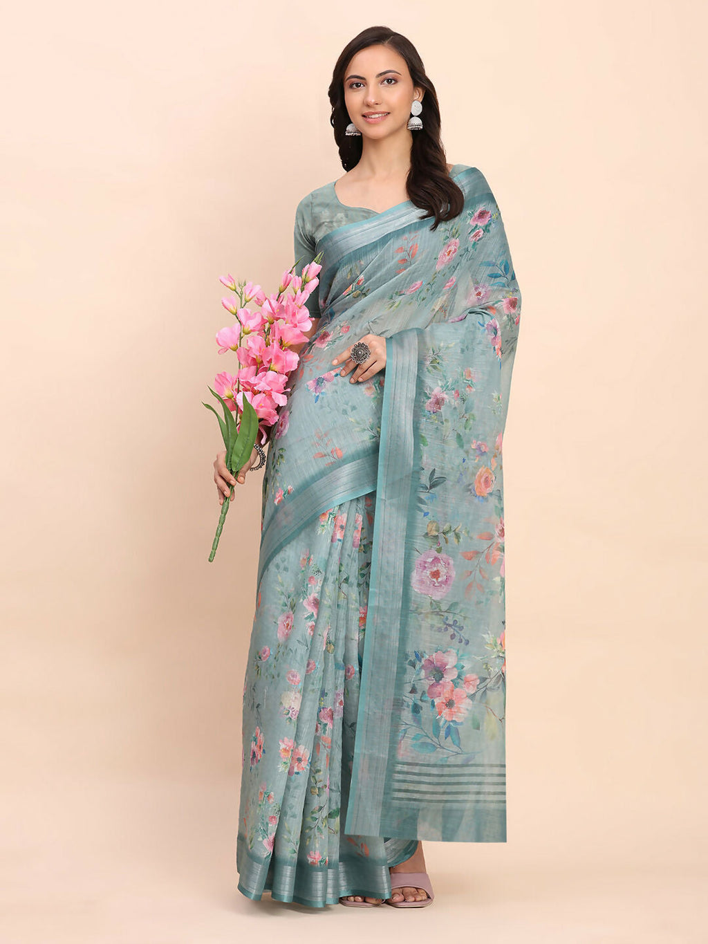 Shree Shyam Fashion Linen Cotton Sea Green Saree - Distacart