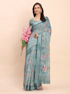 Shree Shyam Fashion Linen Cotton Sea Green Saree - Distacart