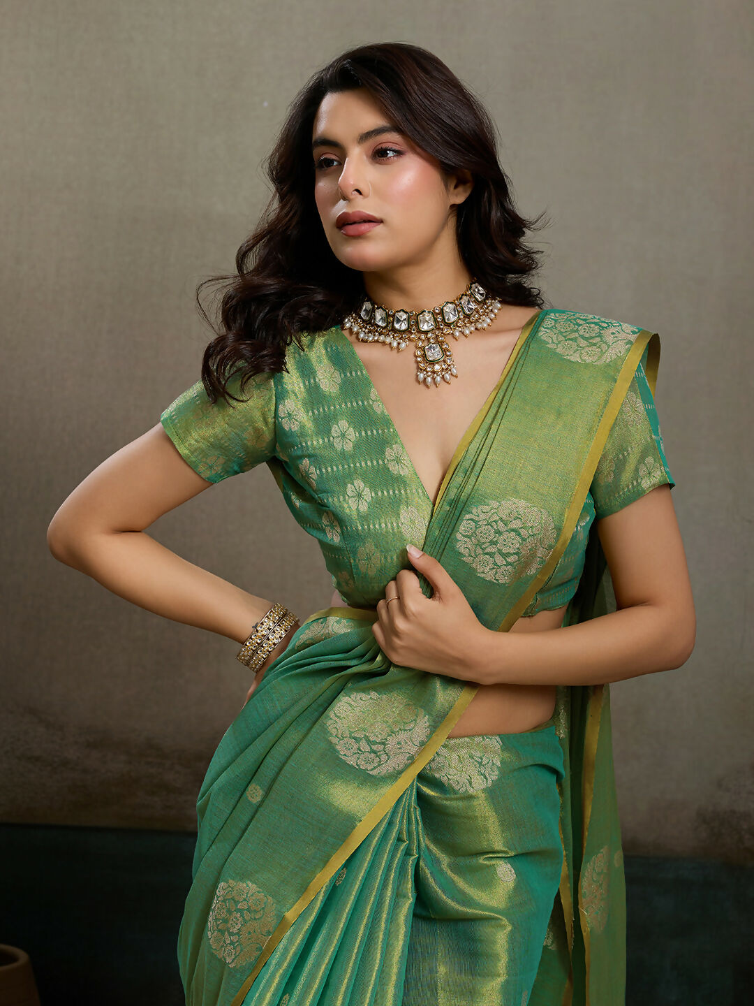 Shree Shyam Fashion Green Tissue Silk Saree - Distacart