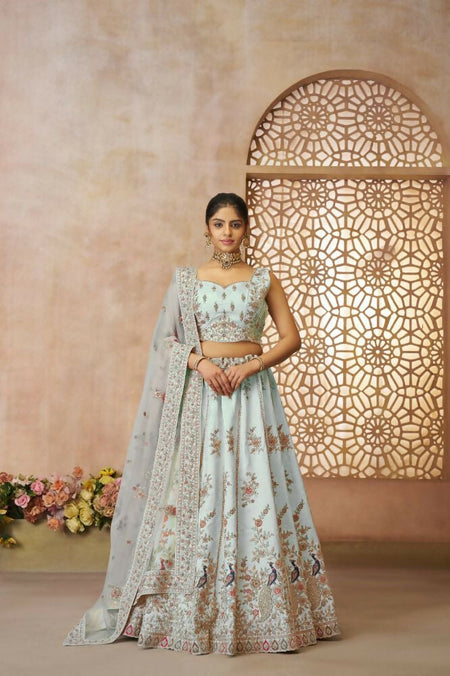 Kesar Fab Sky-Blue Zari Silk Hand_Woven Lehenga
