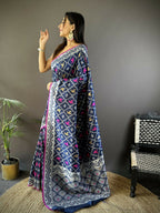 Joban Fashion Royal Blue Jacquard Woven Pattern Lichi Soft Silk Banarasi Saree
