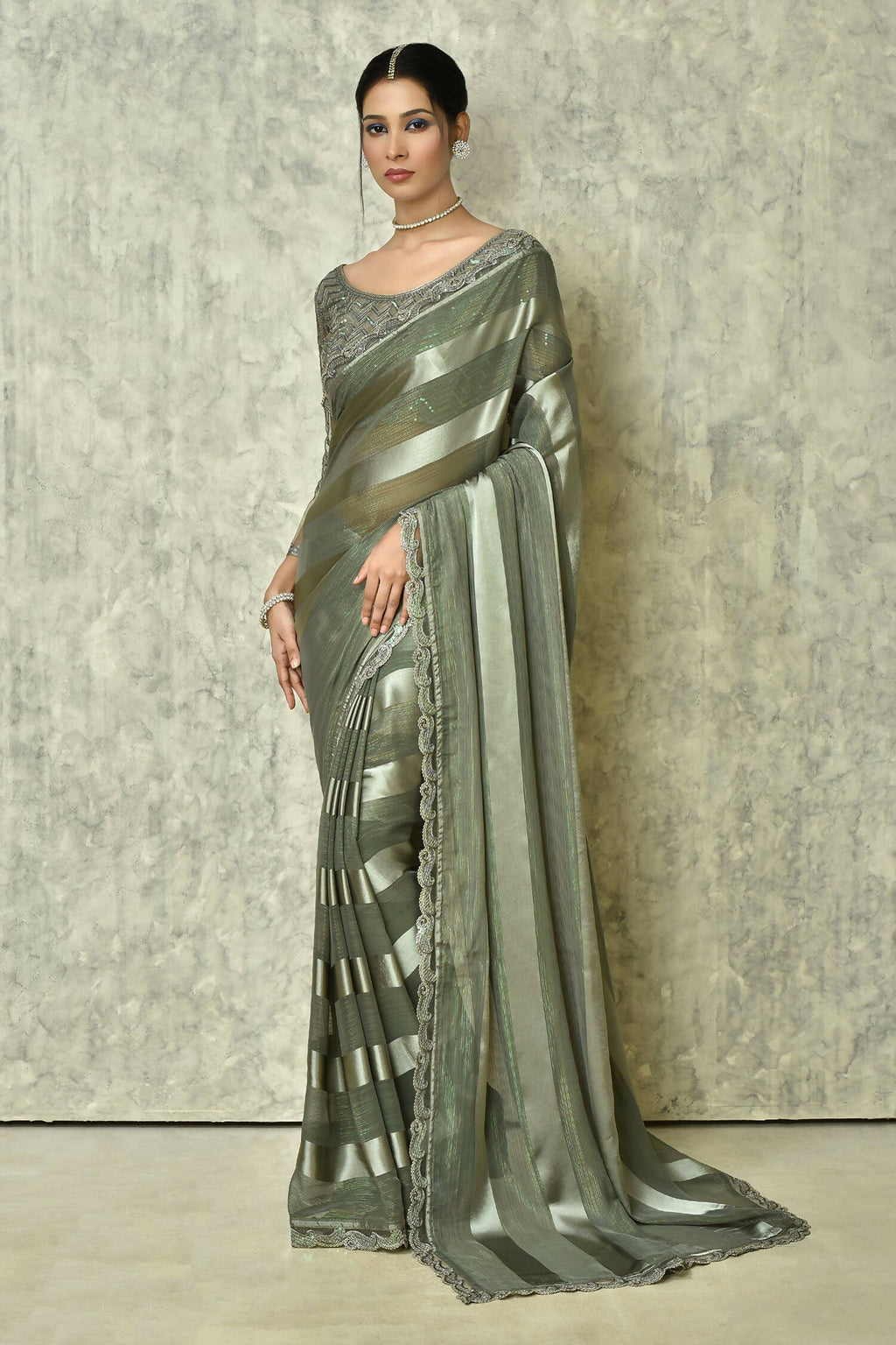 Grey Silk Stripe Saree With Blouse Piece - Purvi