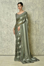 Grey Silk Stripe Saree With Blouse Piece - Purvi