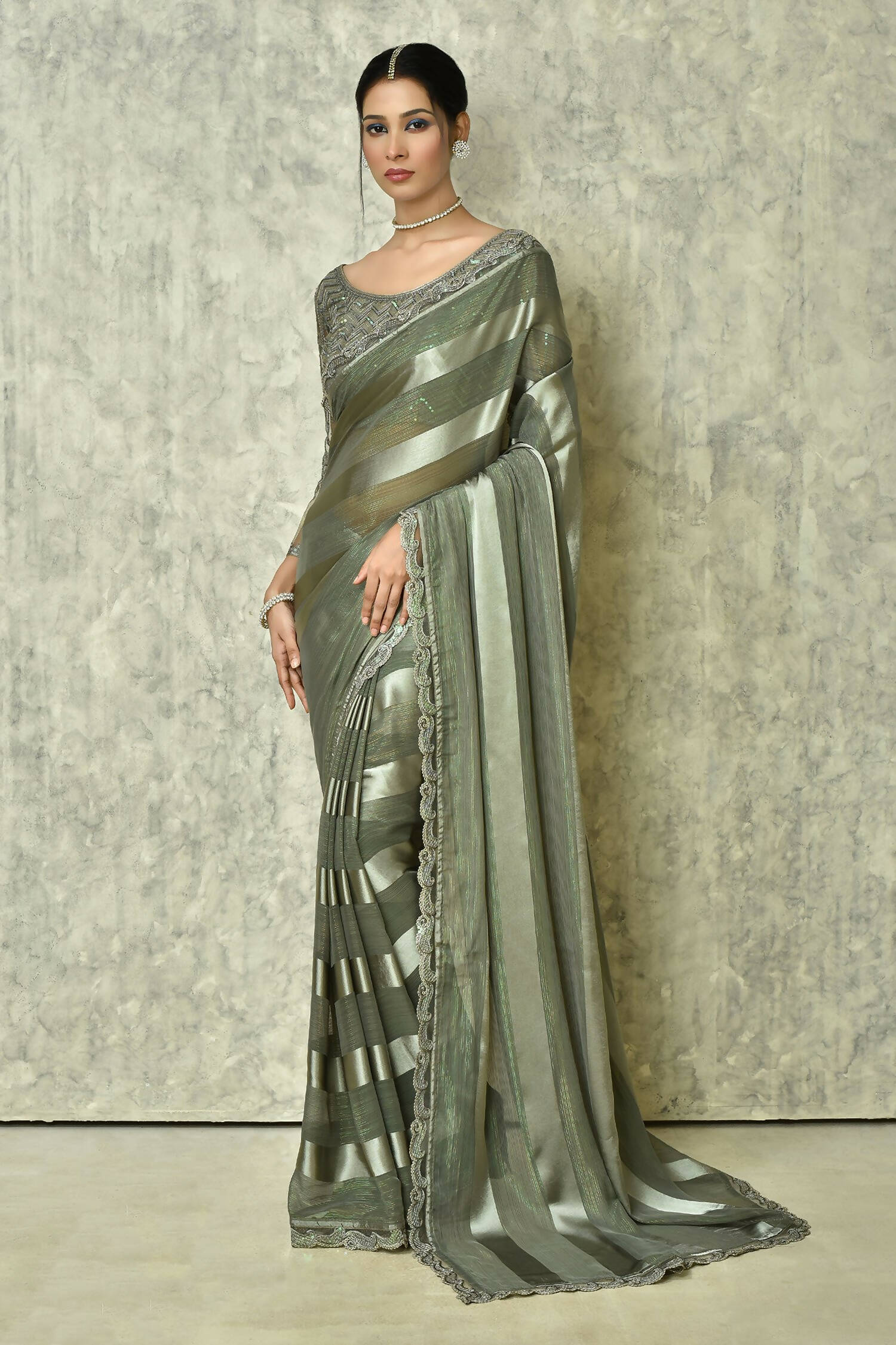 Grey Silk Stripe Saree With Blouse Piece - Purvi