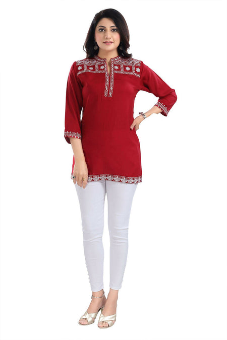 Snehal Creations Rosy Red Women Embroidered Boho Chic Tunic Top