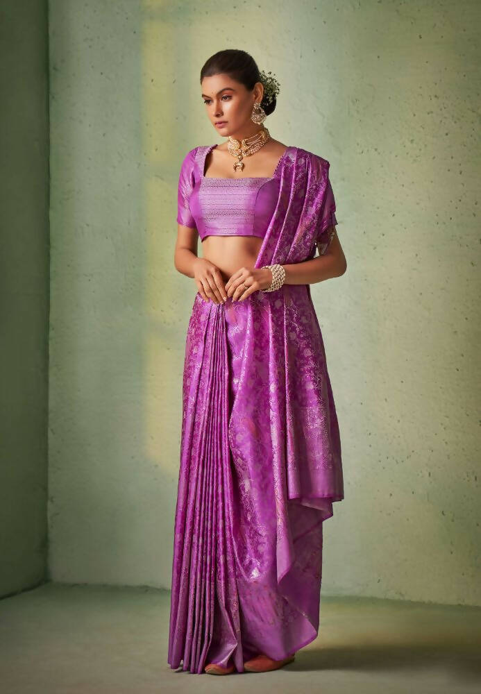 Graceful Designer Violet Color Kanjivaram Silk Saree With Weaving Work - Yomika Fashions