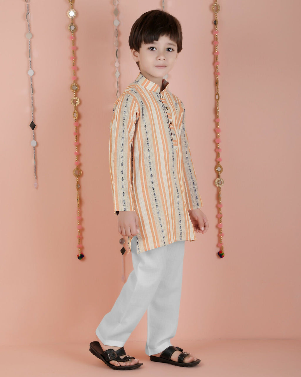 Joban Fashion Kids Island Cotton Full Sleeves Striped Kurta and Pyjama- Orange - Distacart