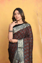 Very Much Indian Modal Silk Ajrakh Handblock Printed Natural Dyes With Designer Border Saree - Dark Maroon
