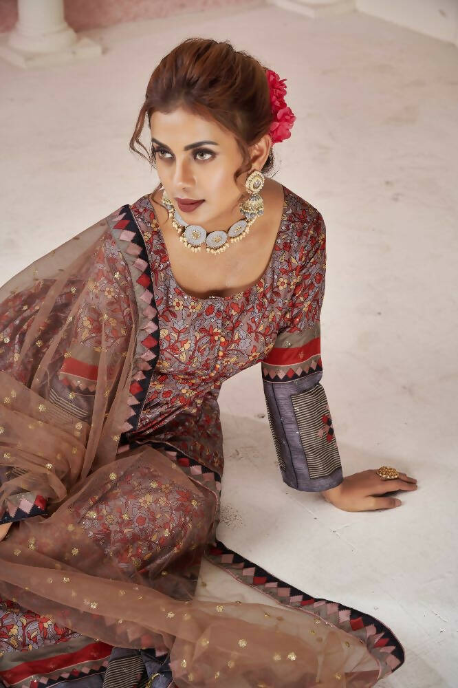 Everywhere Designer Maroon Dola Silk Gown With Dupatta - Anbazaar - Distacart