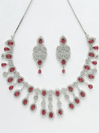 NVR Women Silver Plated & Maroon Cz Stone Handcrafted Jewellery Set